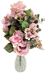 Exclusive umelá kytica ležatá Ruže, Hortenzie a doplnky 52cm x 30cm ružová