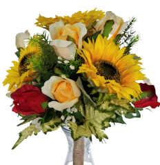 Viazaná kytica Exclusive ruže, slnečnice, doplnky 48cm umelá