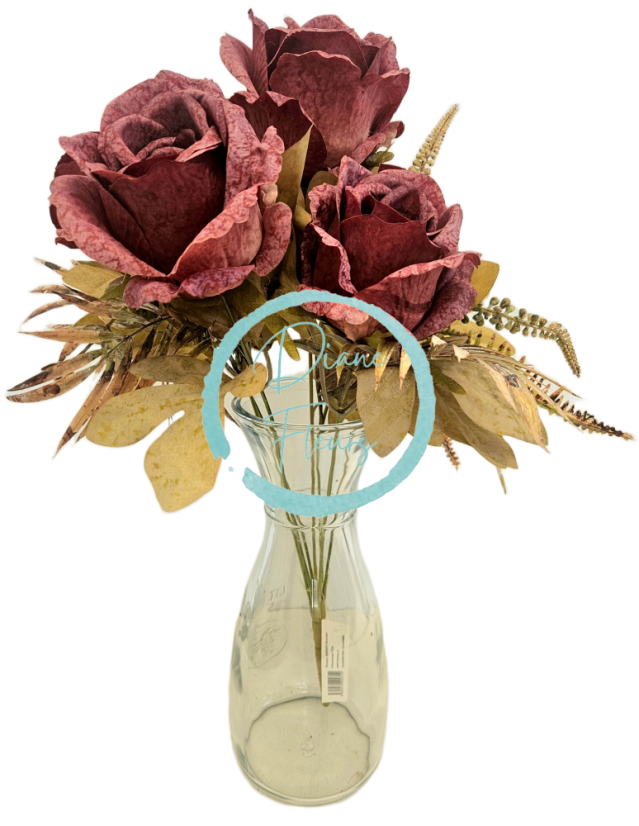 Изкуствен букет от рози и аксесоари 46 см бордо