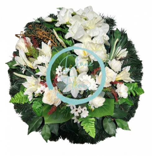 Smuteční věnec kruh s umělými růžemi, liliemi, gladiolami a doplňky Ø 60cm