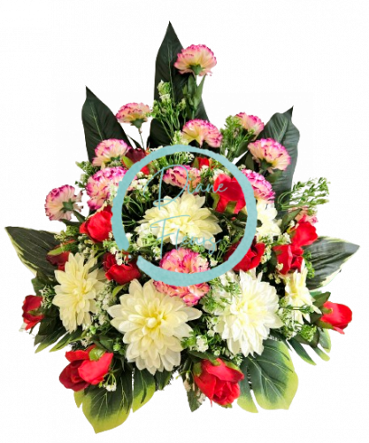 Piękna kompozycja żałobna ekskluzywne sztuczne Goździki, Róże, Dalie i dodatki 70cm x 45cm x 58cm