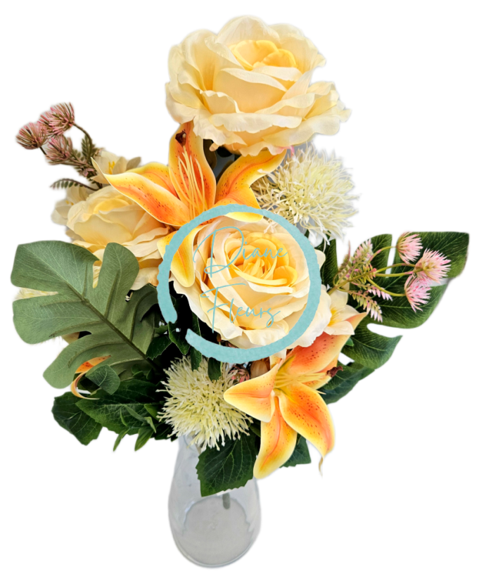 Exclusive artificial bouquet Roses, Lilies, Thistle and accessories x12 54cm x 30cm Yellow, Orange