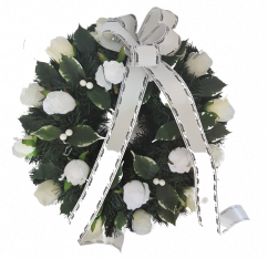 Smútočný veniec 50cm Ruže & Doplnky biela & zelená