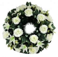 Smuteční věnec s umělými růžemi a liliemi Ø 60cm krémová, zelená