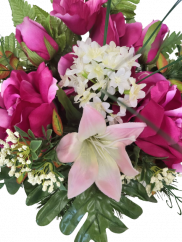 Trauergesteck aus künstliche Rosen, Gladiolen und Zubehör 45cm x 22cm x 35cm