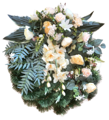 Luxusný smútočný veniec borovicový exclusive ruže, pivonky, gladioly a doplnky 70cm x 80cm