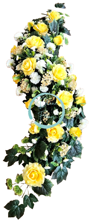 Smuteční věnec esíčko umělé růže, karafiáty a doplňky 130cm x 40cm AS1027