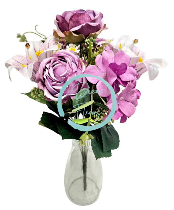 Mazzo artificiale di peonie, gigli, ortensie e accessori 46 cm viola