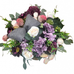 Aranjament pentru cimitir exclusive de trandafiri artificiali, hortensii, ciulin si accesorii 70cm x 50cm x 60cm