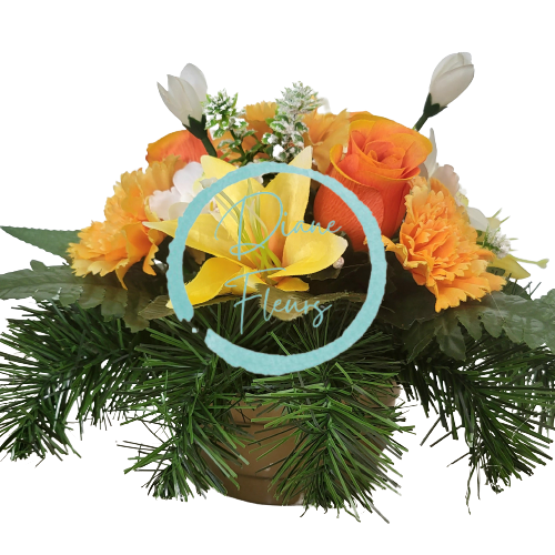 Aranjament pentru cimitir de garoafe artificiale, trandafiri, orhidee, crini și accesorii Ø 30cm x 20cm