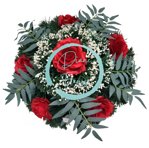 Smútočný veniec "kruh" umelé ruže, gypsophila a doplnky Ø 40cm