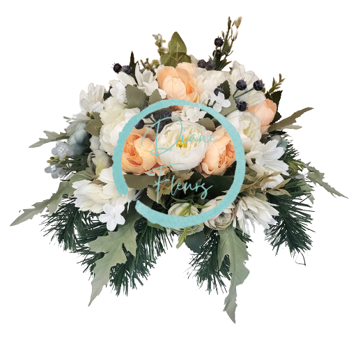 Composizione funebre in cemento con peonia artificiale e accessori 30 cm x 17 cm AS712