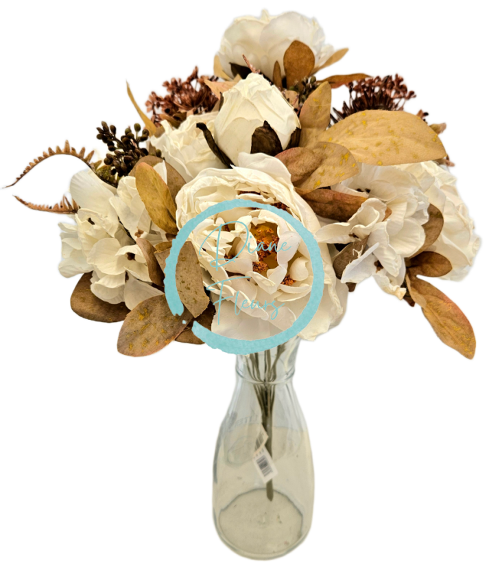 Künstlicher Strauß aus Pfingstrosen, Hortensien und Accessoires 48cm Creme