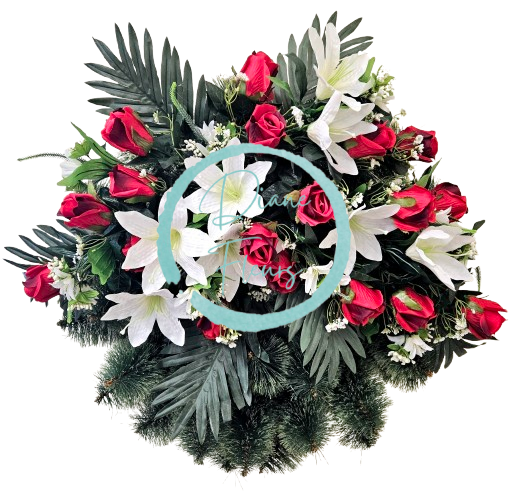 Luxusný smútočný veniec borovicový exclusive ruže, ľalie, palmové listy a doplnky 70cm