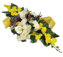 Trauergesteck aus künstliche Orchideen, Lilien, Rosen und Zubehör 65cm x 28cm x 16cm