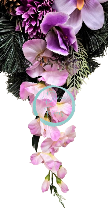 Corona funebre "Teardrop" rose, dalie, peonie, gigli, gladioli, gladioli e accessori 120cm x 60cm AS888