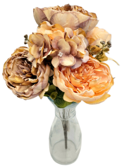 Umjetni buket božuri, hortenzije i dodaci x9 44cm smeđa, breskva