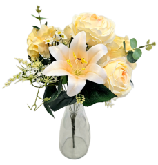 Umetni šopek potonike, lilije, hortenzije in dodatki 46cm rumena, kremna