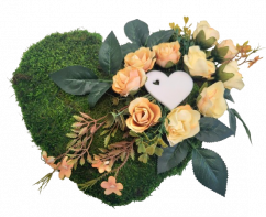 Coroană mușchi "Inima" de flori artificiale trandafiri si accesorii 27cm x 23cm