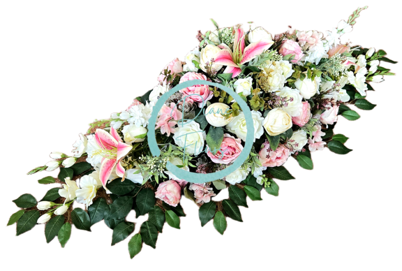 Großes Trauergesteck Exclusive aus künstliche Pfingstrosen, Rosen, Delphinium und Accessoires 135cm x 50cm x 35cm AS1017