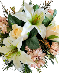 Trauergesteck Dekoratives Arrangement aus künstlichen Blumen, Lilien, Rosen, Chrysanthemen und Accessoires 28cm x 20cm AS1071