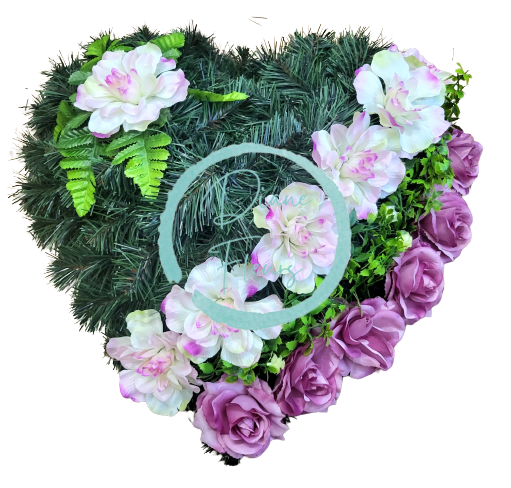 Umelý smútočný veniec "Srdce" Dahlie & Ruže & doplnky 55cm x 55cm