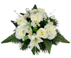 Aranjament pentru cimitir de garoafe artificiale, trandafiri, orhidee, crini și accesorii Ø 30cm x 20cm