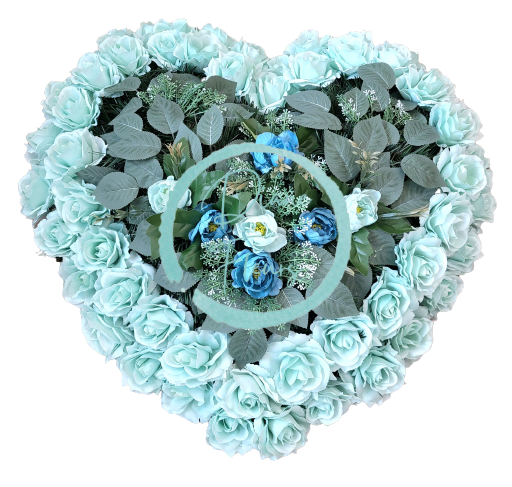 Piękny wieniec pogrzebowy w kształcie serca ze sztucznymi różami, piwoniami i dodatkami o wymiarach 65cm x 65cm