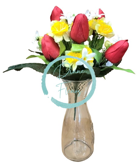 Tulipány a narcisy kytica umelá x12 33cm červená, žltá