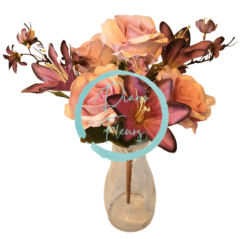 Ruža, Margarétka a Ľalia kytica x7 fialová, ružová 44cm umelá