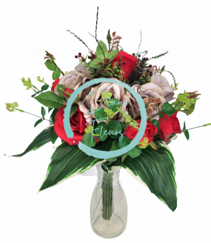 Viazaná kytica Exclusive ruže, eukalyptus a doplnky 50cm umelá