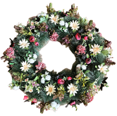 Luxusný smútočný veniec borovicový exclusive ranunculus, margarétky, chryzantémy, drobné kvietky, chmeľ a doplnky 80cm