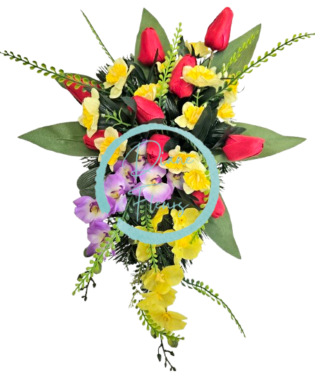 Composizione in cemento di tulipani artificiali, narcisi, orchidee e accessori 55 cm x 36 cm x 18 cm AS972