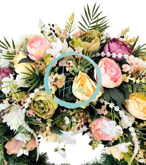 Coroană funerara de pin Exclusiv Bujori artificiali, Gerbere si Accesorii Ø 100cm