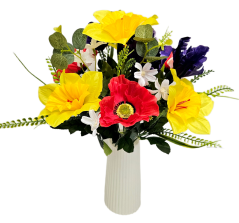 Artificial Narcissus, Iris, Poppies bouquet 42cm Yellow, Purple, Cream, Red