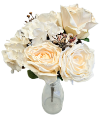 Umělá kytice růže, hortenzie a doplňky 44cm krémová