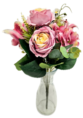 Umjetni buket božuri, ljiljani, hortenzije i dodaci 46cm ružičasta