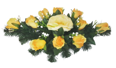 Ekskluzywna Kompozycja pogrzebowa ze sztucznymi różami, piwoniami i dodatkami 50cm x 18cm x 25cm