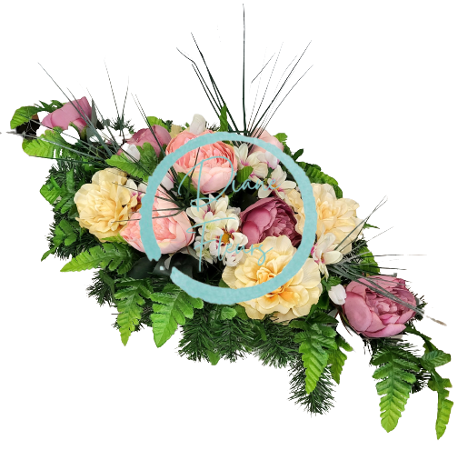 Aranjament pentru cimitir de bujori artificiali, dalii, margarete si accesorii 70cm x 35cm x 25cm