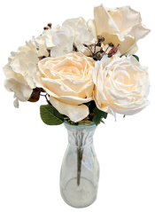 Umělá kytice růže, hortenzie a doplňky 44cm krémová