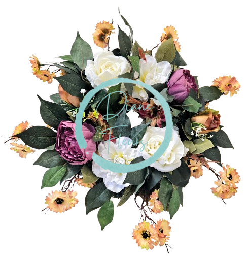 Венец от изкуствени рози, божури, маргаритки и аксесоари 50 см AS987