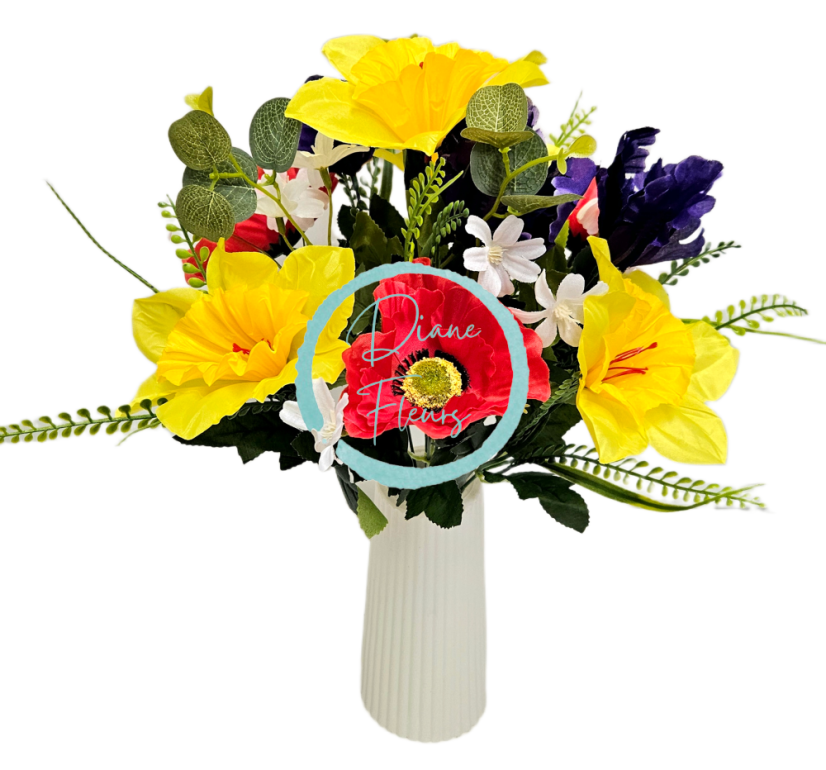 Artificial Narcissus, Iris, Poppies bouquet 42cm Yellow, Purple, Cream, Red