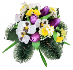 Sympathy arrangement of artificial tulips, pansies, narcissus and accessories 38cm x 28cm