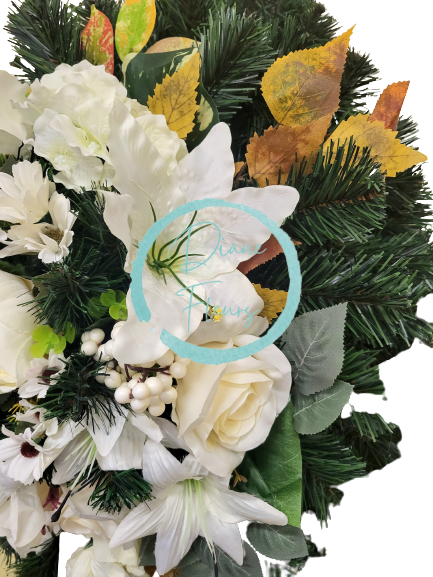 Wieniec pogrzebowy "Liść" ze sztucznych róż, lilii, mieczyków i dodatków 100cm x 55cm