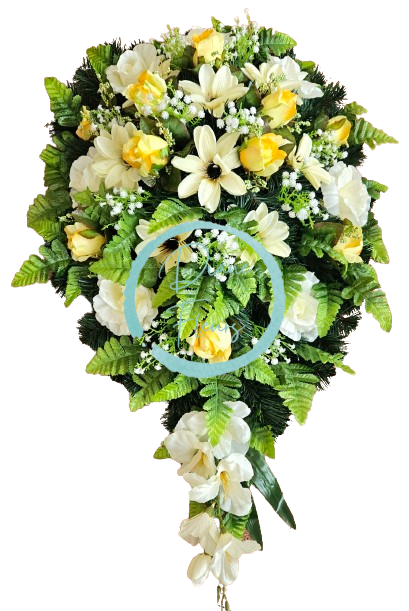 Wianek żałobny „Łza” Clematis, Róże, Rumohra i dodatki 95cm x 55cm