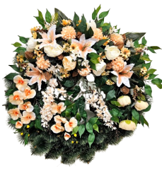 Künstliche Trauerkranz Exklusiv Pfingstrosen, Lilien, Gänseblümchen, Hortensien, Orchideen und Zubehör 90cm