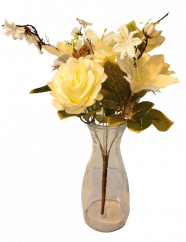 Šopek vrtnic, marjetic in lilij x7 krem 44cm umetno