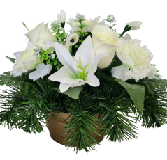 Aranjament pentru cimitir de garoafe artificiale, trandafiri, orhidee, crini și accesorii Ø 30cm x 20cm