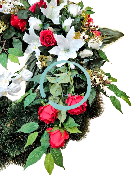 Luksusowy wieniec ze sztucznej sosny ekskluzywne róże, mieczyki, lilie i akcesoria 90cm