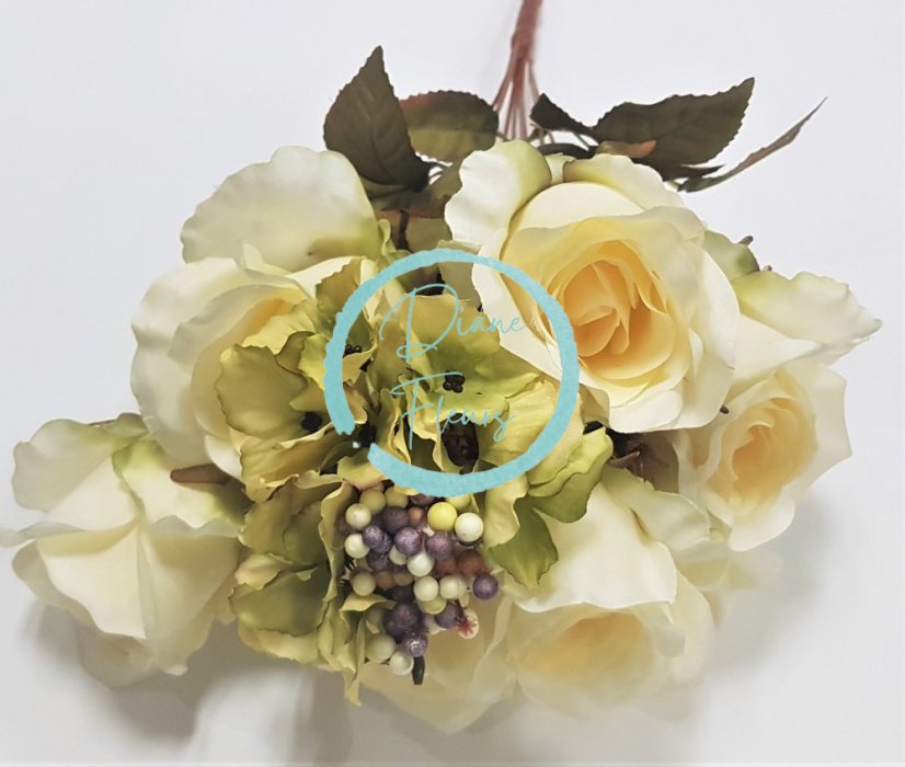 Ruže & Hortenzia kytica "9" kremová 45cm umelá